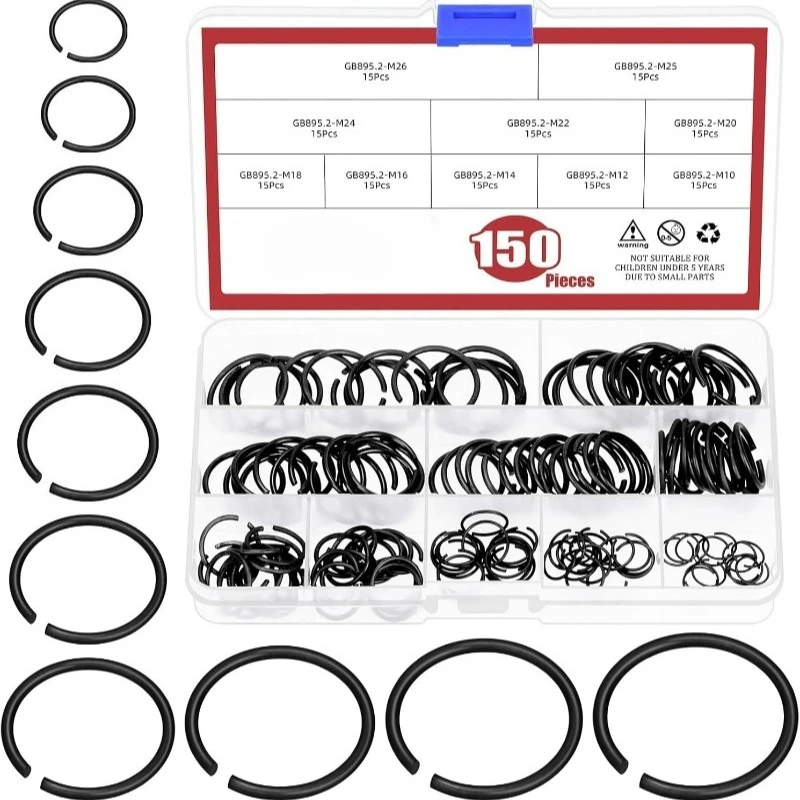 150PCS Round Wire C-Clips 10 Sizes Retainer Clip Black Internal Snap Rings Round Wire Snap Rings Assortment Kit for Hole Shaft