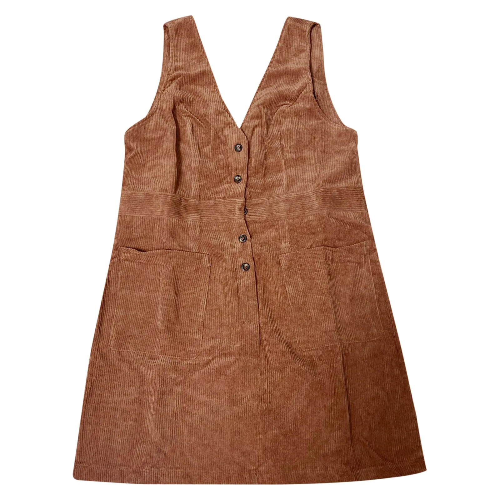 V Neck Sleeveless Corduroy Button Mini Pinafore Dress Slim Fit Solid Color Casual Overall Dresses Women Elegant Vest Dress