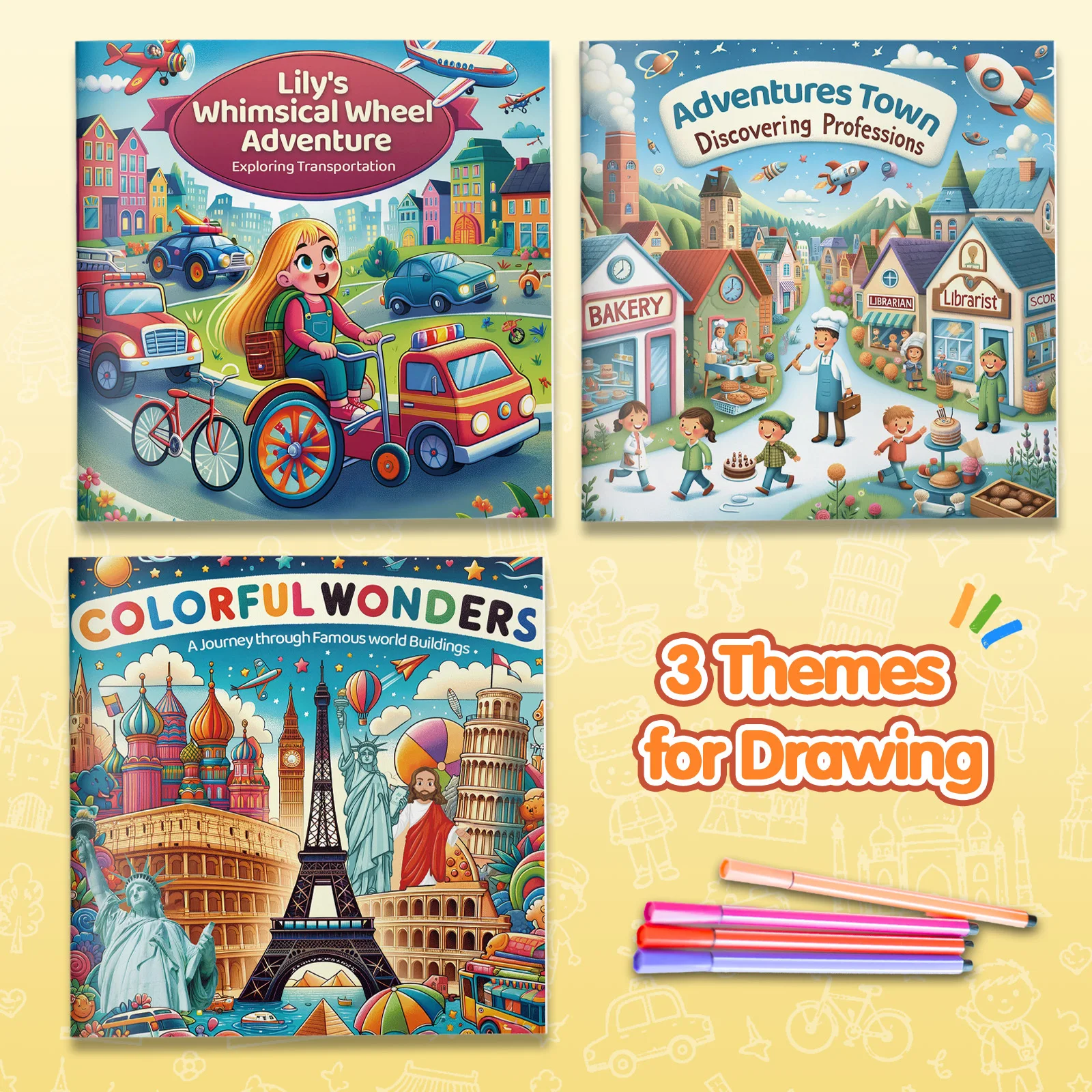 Transportation, Professions and Famous Landmarks Drawing Collection for Early Learners, 3-Theme City Discovery Activity Series