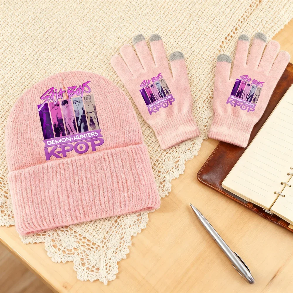 2pcs Kpop Demon Hunters Gloves Knitted Hat Suit for Girls Mira Rumi Zoey Knit Hats Mittens Set Children Winter Warm Suit