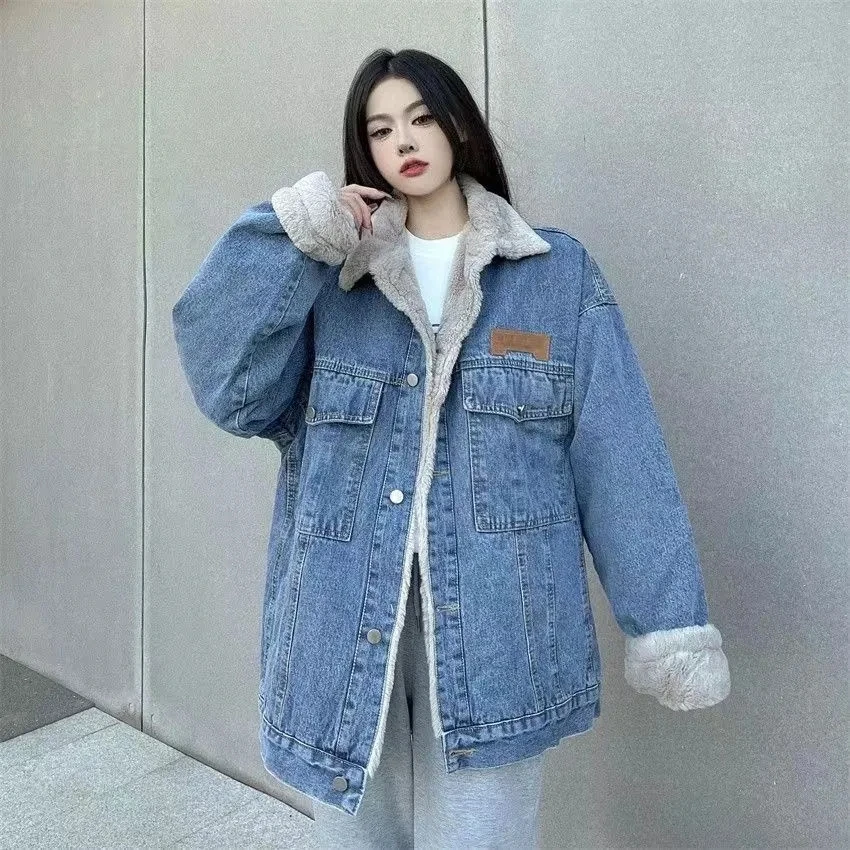 Women Denim Winter Coat Casual Loose Thicken Loose Denim Jackets Add Velvet Warm Padded Cotton Parkas Jacket Female W1074