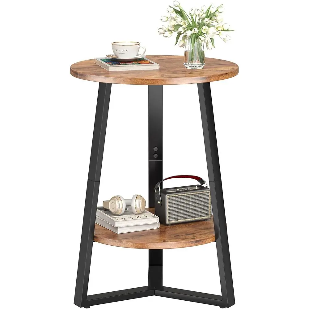 

2-Tier Wooden & Metal Small Round End Table with Storage for Living Room, Bedroom, Rustic Brown