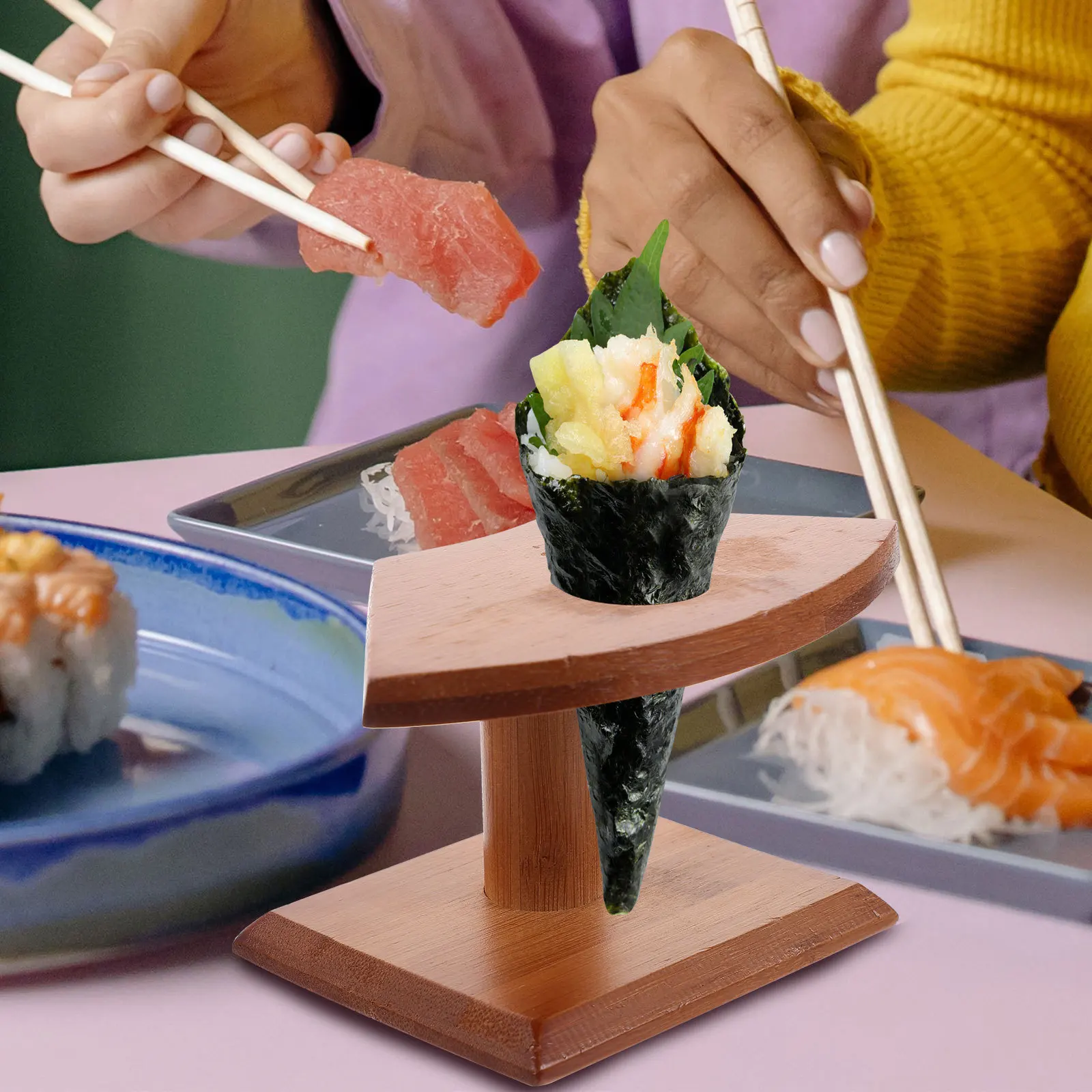 

1pc Ice Cream Cone Storage Rack Japanese Hand Roll Holder Bamboo Serving Tray For Home Restaurant Hotel Hand Roll Storage Rack