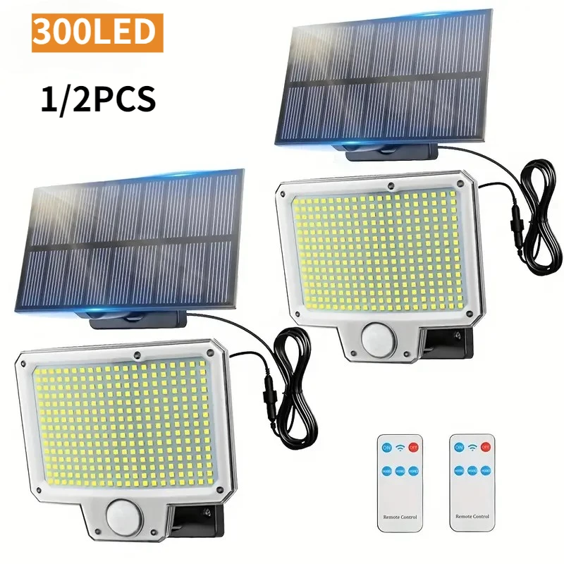 1/2PCS 300 LED Solar Lights Outdoor Motion Sensor with Remote 3 Modes Waterproof Super Bright Solar Flood Lights for Yard Garden