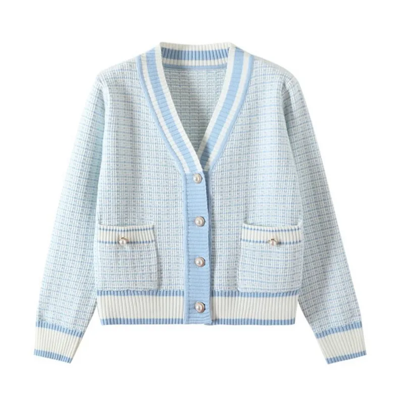 

2024 Korean Fashion Plaid Short Cardigan Women's V Neck Knitted Sweater Coat Female Autumn Winter Casual Vintag Knitwear