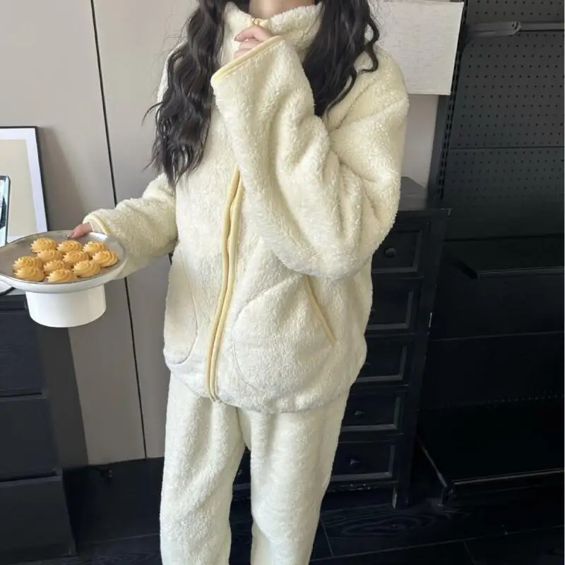 

Winter Women's Pajama Set Coral Fleece Wearable As Outerwear Soft Sleepwear Keep Warm Nightwear Thicken Homewear Stand Collar Pj