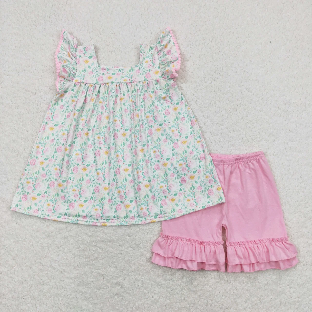 

Wholesale Children Summer Infant Two Pieces Outfit Toddler Flutter Sleeves Tunic Kids Pink Ruffle Shorts Baby Girl Floral Set