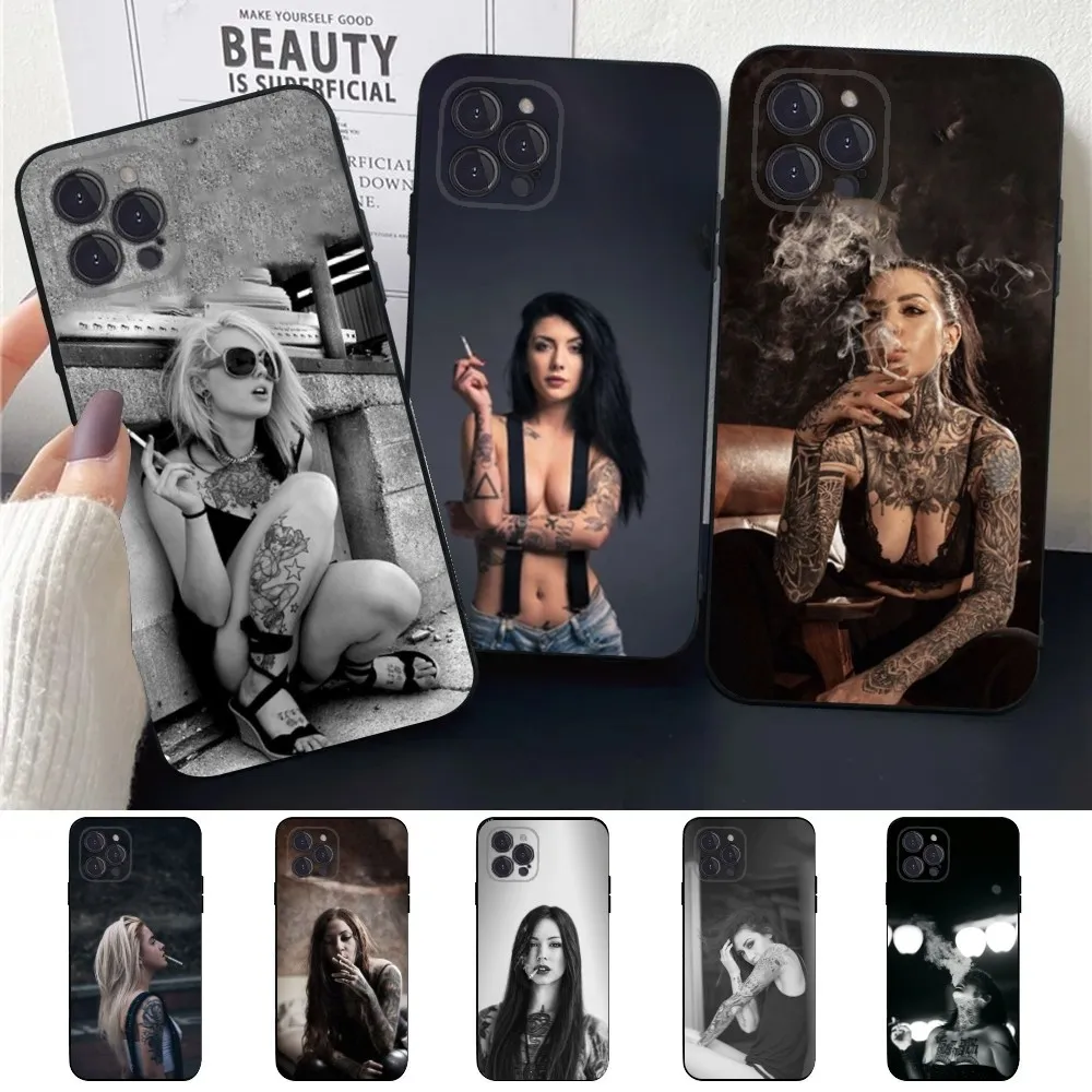 Sexy Smoking Tattoo Girl  Phone Case For Apple iPhone 15,14,13,12,11,XS,XR,X,8,7,Pro,Max,Plus,mini Silicone Black Cover