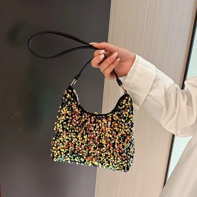 New Fashion Contrast Sequin Shoulder Bag Colorful Sequin Casual Crossbody Bag Women Versatile PU Leather Zipper Underarm Bag