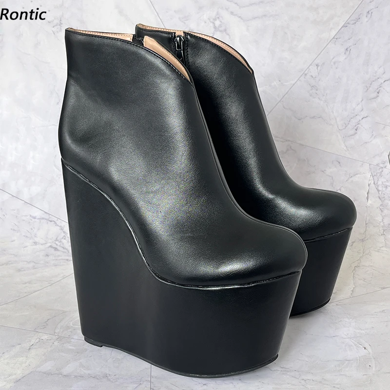 

Rontic New Women Winter Platform Ankle Boots Side Zipper Wedges High Heels Round Toe Black Cosplay Shoes Ladies US Size 5-15