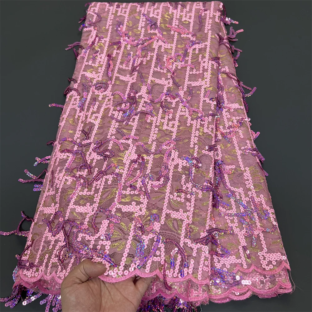 African Nigeria Tulle Lace Fabric, Sequins Embroidery, Wedding Party Guipure Dress, Beads Stone, 5Yards, High QualityPS0051