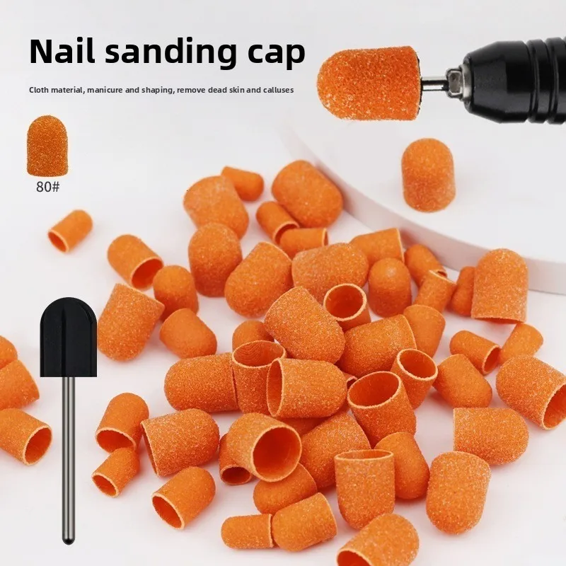 50Pcs Nail Sanding Caps with Rubber Pedicure Block  Electric Drill Bits for Foot Cuticle & Polishing Orange #80