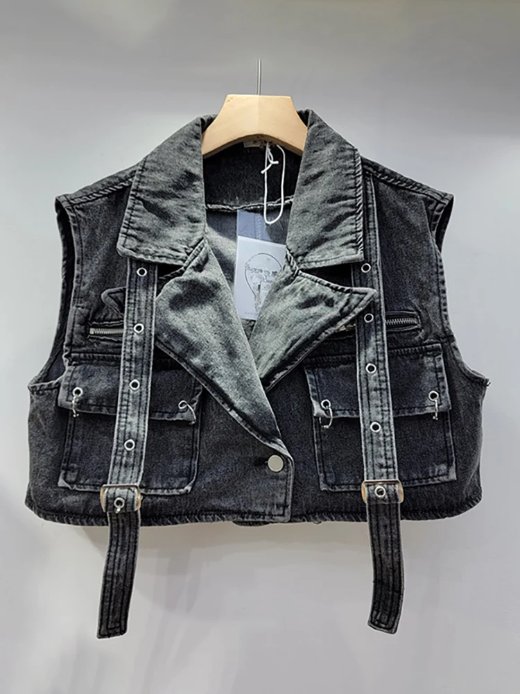 Imagem -03 - Colete Deat-denim com Bolsos Grandes para Mulheres Design de Fitas Anéis de Metal Colete de Carga Solto Colete Monocromático Nova Moda Outono 29l6231 2023