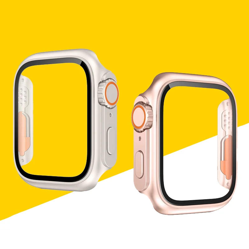 Твердый чехол из поликарбоната для Apple Watch Φ 45 мм 41 мм 44 мм 40 мм стеклянный внешний вид обновление ультра IWatch серии 9 8 7 SE SE2 6 5 4