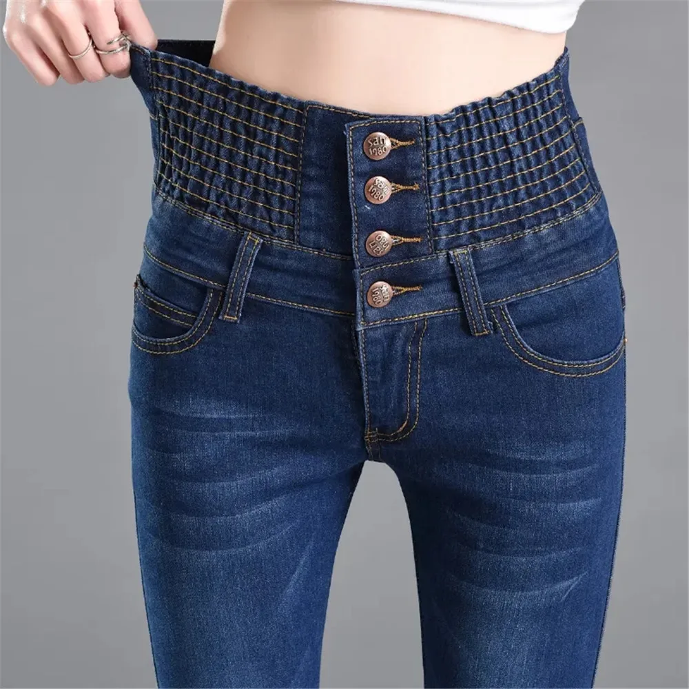 

High Waisted Button Casual Winter Jeans Women Skinny Denim Pants Jeggings Fleece Velvet Elastic Waist Clothes Warm Denim Trouser