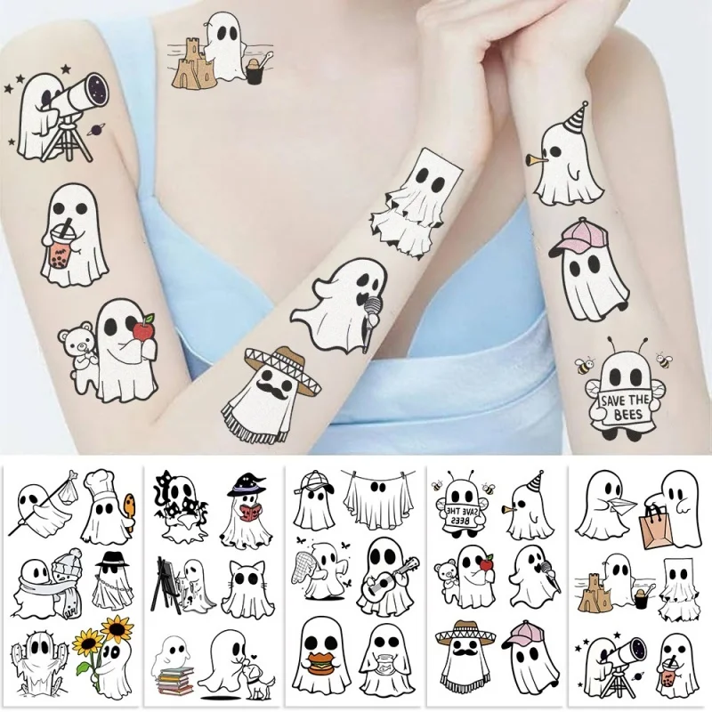 Cute Cartoon Halloween Ghost Temporary Tattoos for Kids Assorted Waterproof Ghost Temp Tattoo Sticker Boys Girls Prank Toys Gift