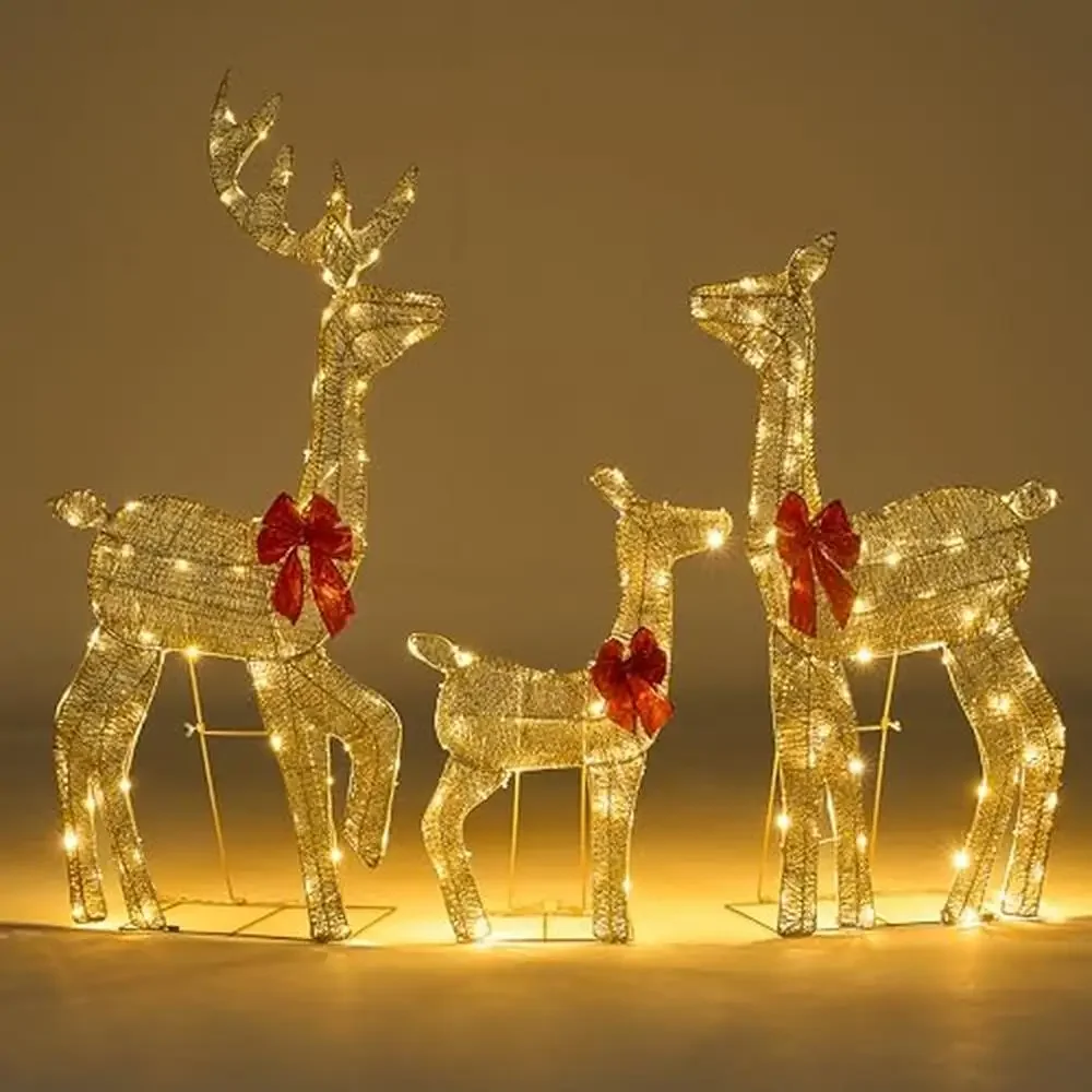 Christmas 2D Reindeer Family Yard Lights 180 LED Warm White Metal Stakes Set of 3