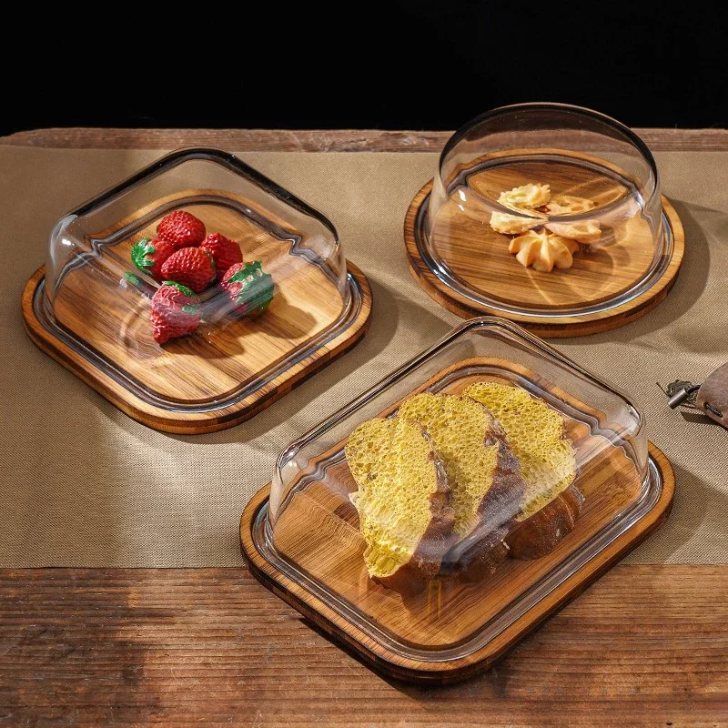 Creative Tray Home Square Glass Cover Cake Plate Cheese Plate Dessert Tasting Display Box Home Furnishings Kitchen Utensils