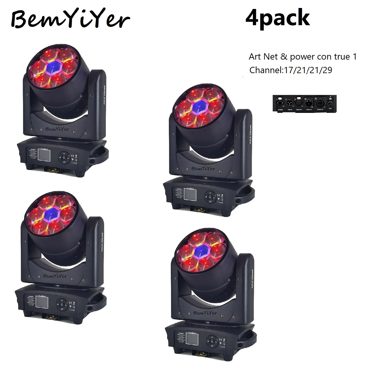 

BemYiYer 4pck Artnet Power con1 Mini 7*40 Вт светодиодная мытье с подвижной головкой и зумом CTO DMX сценическое освещение RGBW DJ вечеринка освещение для ночного клуба