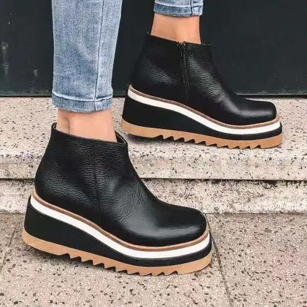 Large Size 43 Wedge Heel Ankle Boots Women\'s 2021 Autumn and Winter New Flat Side Zipper Leather Boots Women Botas De Mujer