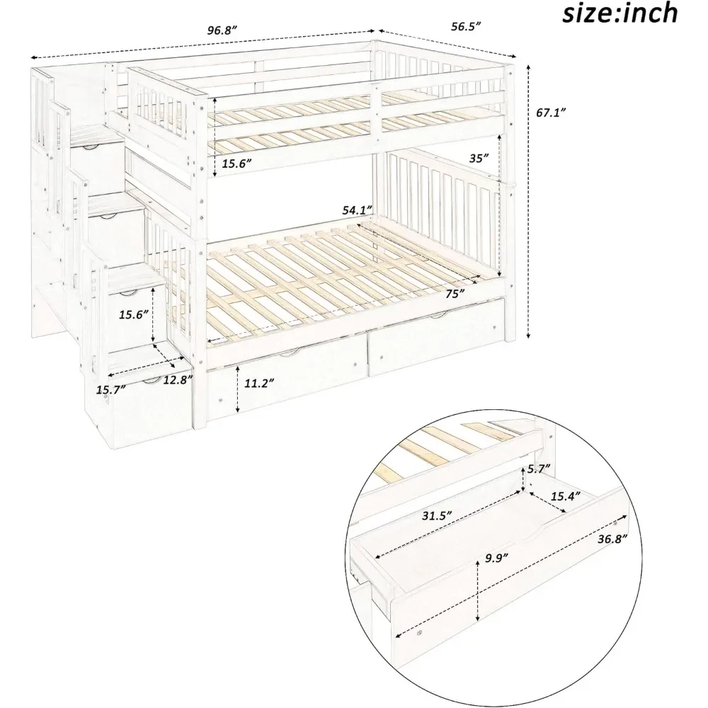 Beds, Designs Full Over Full Bunk Bed with Stairs, Wooden Bunk Bed with Storage Drawers, for Kids Teens Adults, White, Beds