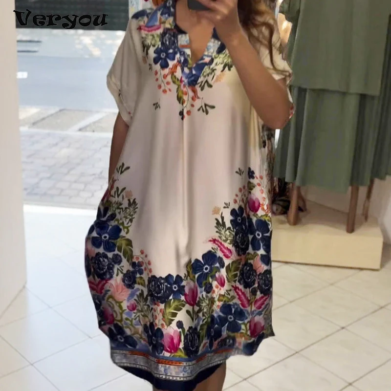 

Летние свободные платья макси для женщин, повседневное пляжное праздничное платье больших размеров, женское платье миди с v-образным вырезом и цветочным принтом в стиле бохо