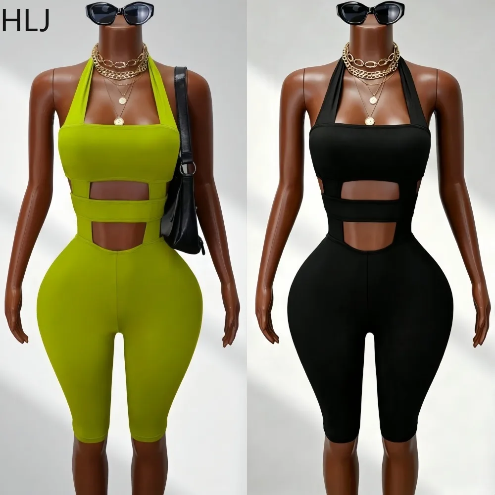 

HLJ Sexy Hollow Out Patchwork 2 Piece Outfits Halter Crop Top + High Waist Bodycon Shorts Matching Summer Casual Streetwear