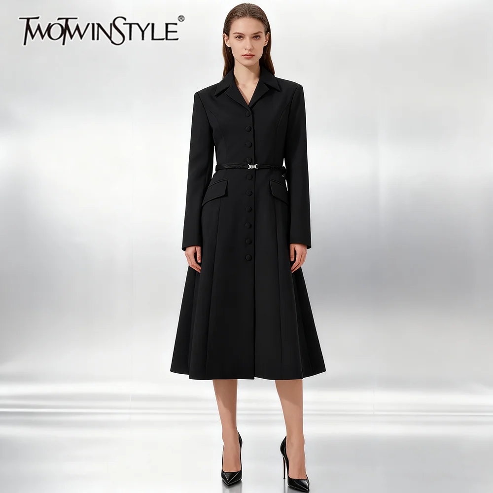 

TWOTWINSTYLE утягивающий пояс, темпераментные тренчи для женщин, с лацканами и длинными рукавами, высокой талией, лоскутные пуговицы, женский Тренч