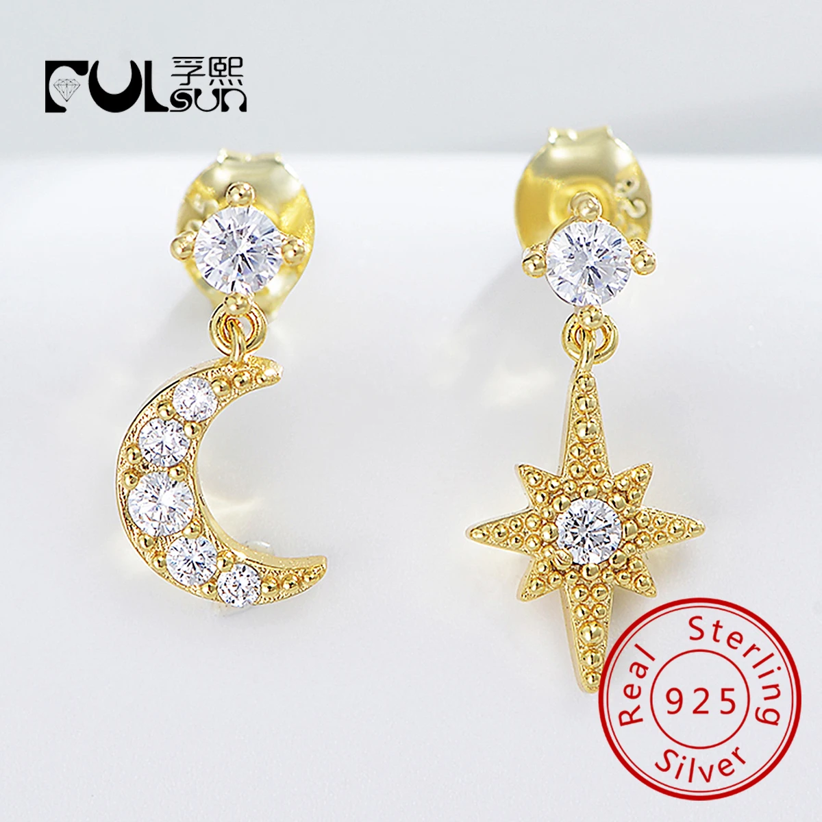 

Dainty 925 Sterling Silver Zircon Dangle Drop Star Moon Hoop Earrings for Women