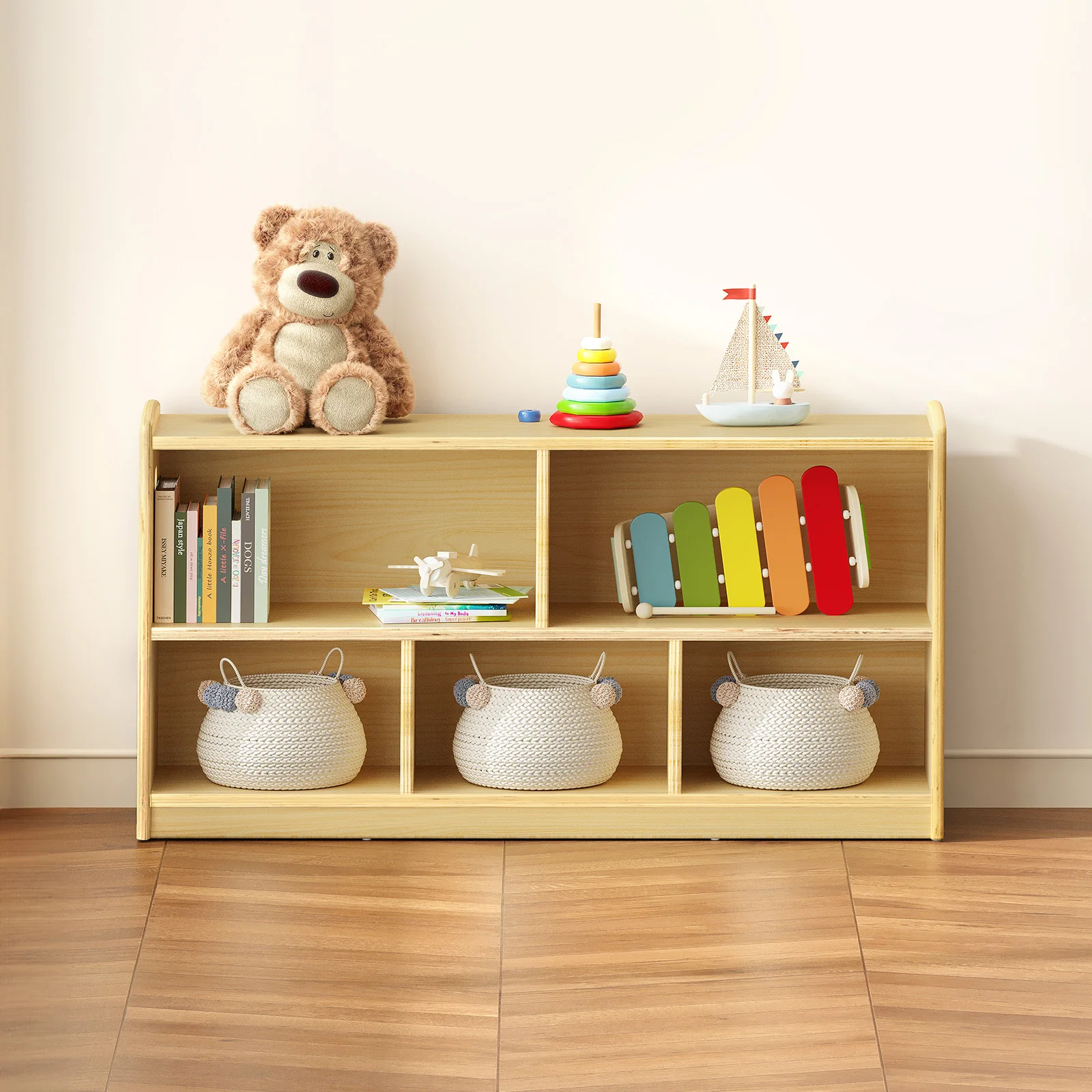 

Montessori Cabinet for Kids, 2 Tier Toddler Room Book Shelves Toy Organizers, Wood Small Book Shelf Storage for Baby Children