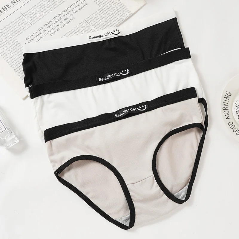 3PCS Women's Simple Contrast Color Briefs Mid-waist Cotton Blends Underwear Korean Style Comfort Sweet Girl Panties M-XL