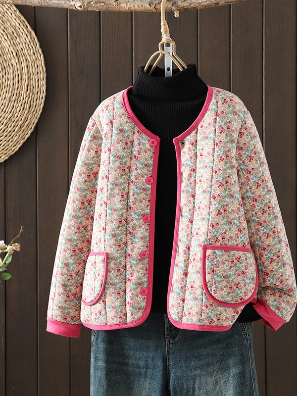 

Lightweight Floral Cotton Jacket Loose Fit Versatile Autumn Winter Outerwear for Small Stature Women Retro Style Button up