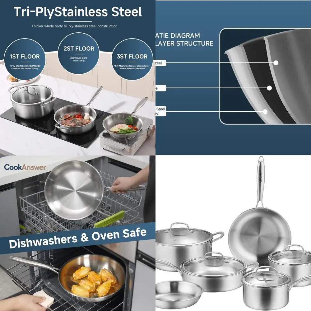 

10-Piece Stainless Steel Cookware Set: Induction-Ready, Glass Lids, Dishwasher Safe, All-Cooktop Compatible