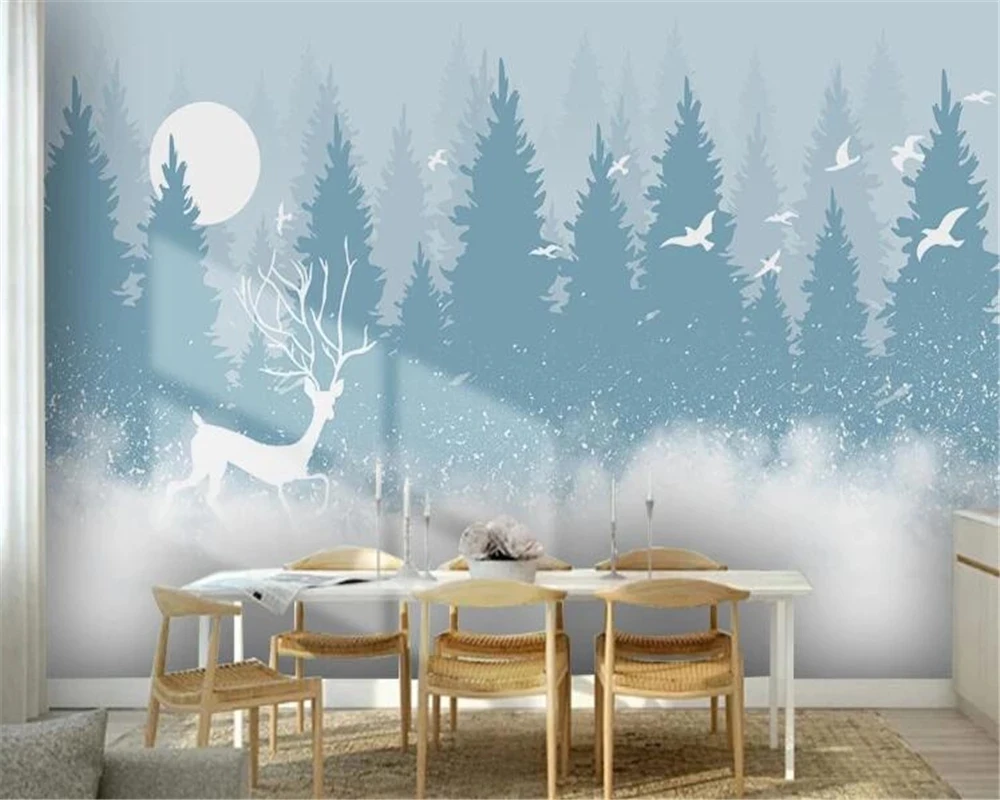 

Customized Wallpaper 3D Nordic Mural Hand-painted Forest Elk Artistic Conception Bird Children's Room Background Wall bedroom 8d