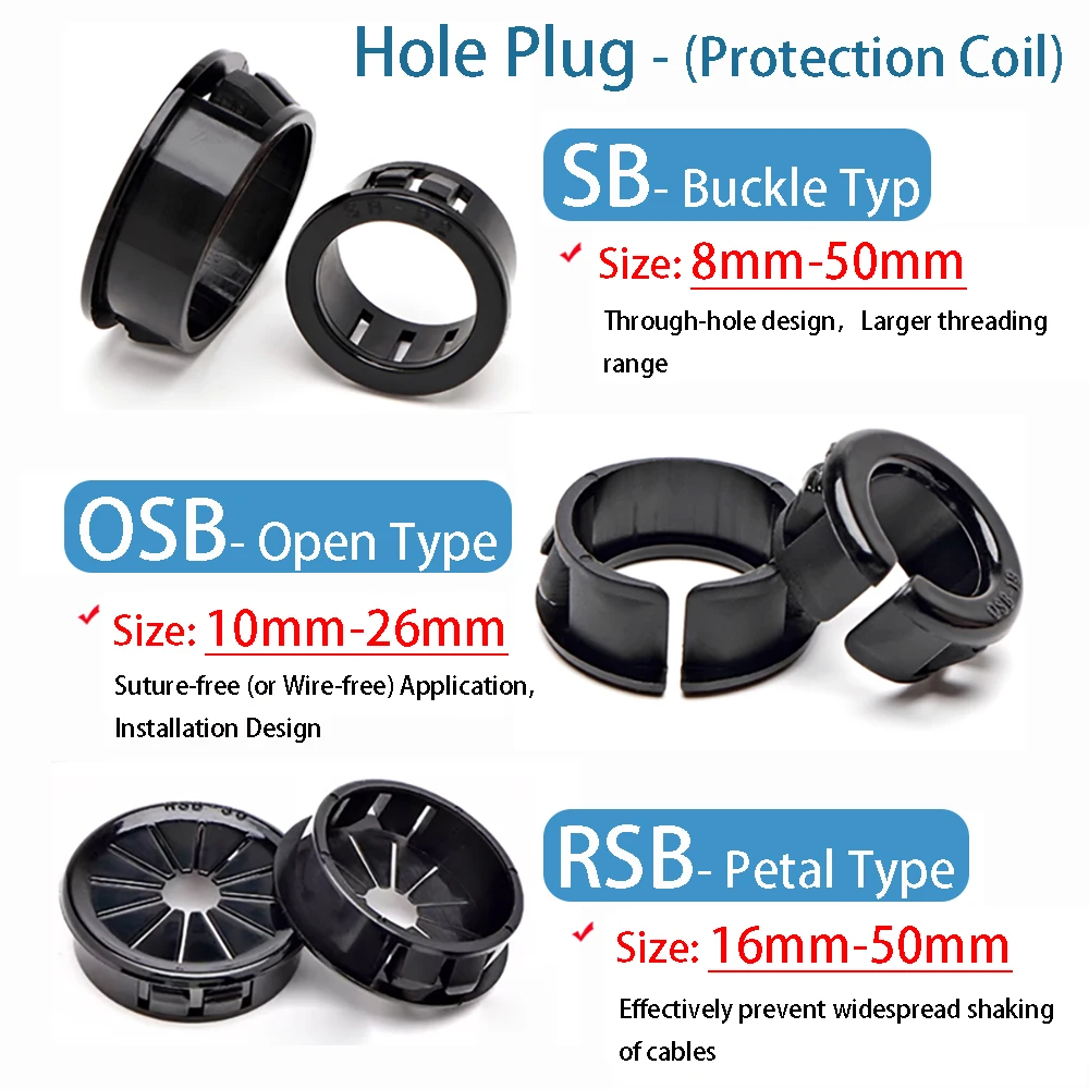 

8mm-50mm SB OSB RSB Black Snap-on Hole Cover Nylon For Protection Coil Round Desk Wire Table Line Cable Hole Cover ﻿