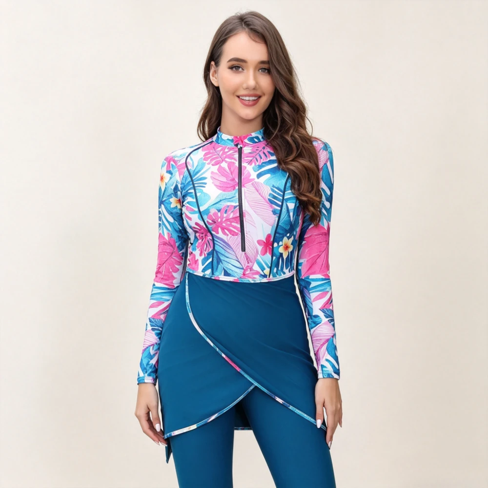 New 3 Pcs Floral Print Modest Burkini Swimsuit Women Zip Long Sleeve Wrap Skirt Full Leggings Hijab Islamic Beach Bathing Suit