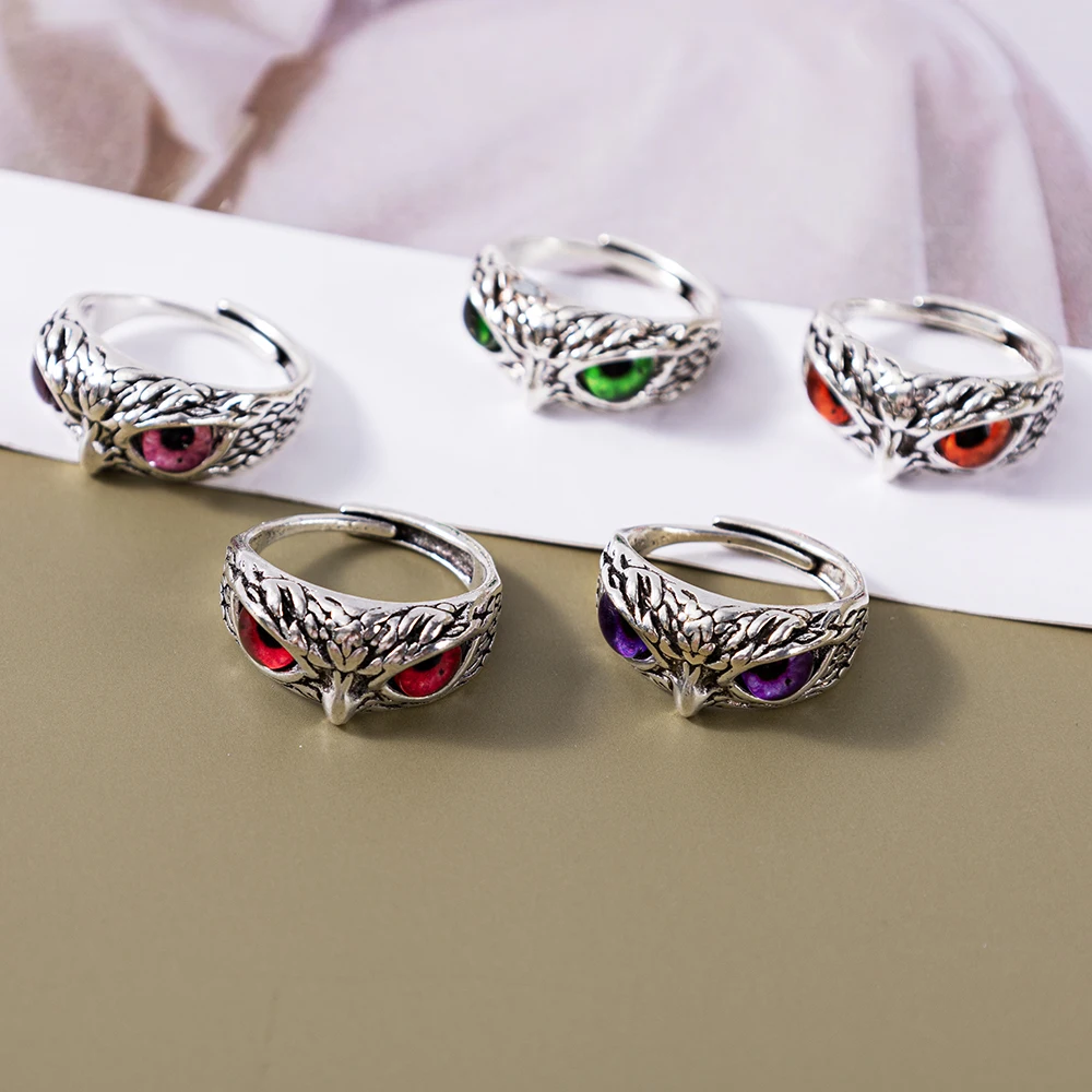 New Vintage Owl Rings For Women Men Design Multicolor Cat Eye Finger Rings Silver Color Adjustable Opening Animal Couple Jewelry