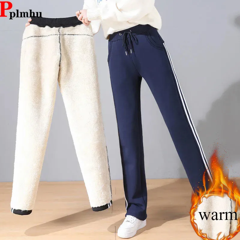 

Winter Warm Striped Design Straight Pants Women Casual Elastic High Waist Velvet Lined Pantalones Korean Thicken Snow Wear Calca