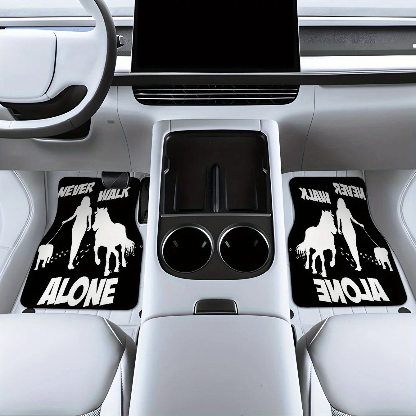 A Four-Piece Set Featuring A Woman Walking A Dog And A Horse, Designed For Car Mats Suitable For Sedans, Trucks, Suvs, And More.
