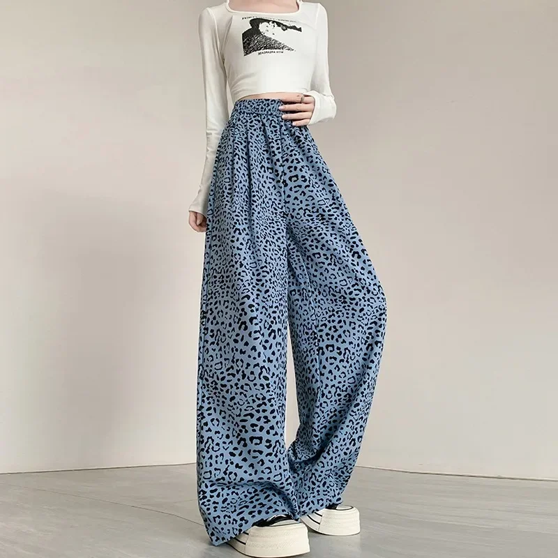 

Тонкие повседневные брюки с леопардовым принтом и высокой талией, женские свободные прямые брюки длиной до пола, широкие брюки в корейском стиле