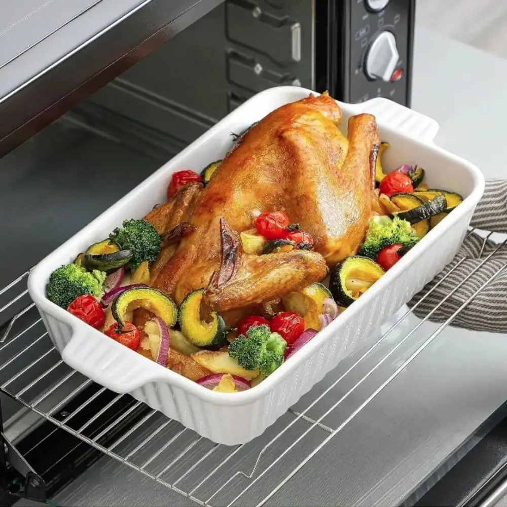 

Casserole Dish Rectangular Ceramic Baking Tray Stripe Pattern Deepened Baking Dish With Handle Lasagna Pan Roast Chicken