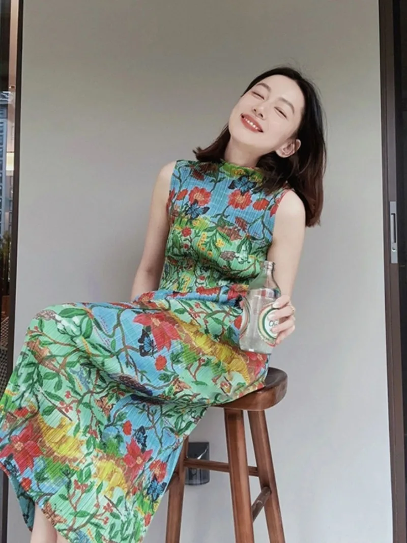 Artistic sweet and spicy dress female pleated colorful oil painting printing sleeveless mid length dress female summer tops