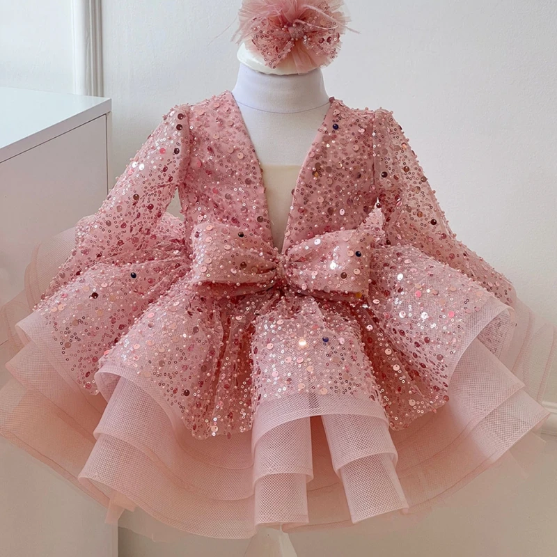 Bloemenmeisje Jurken Schattige Roze Glitter Lovertjes Glanzende Gezwollen Organza Met Strik Pasvorm Bruiloftsfeest Prinses Baljurken