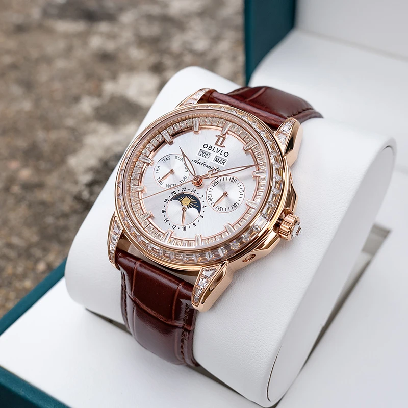 OBLVLO Men Automatic Watch 40mm Mechanical Wristwatch 5ATM Luminous Multi Dial Year,Month,Week,Date,24 Hours TY1655 Mov. view 2