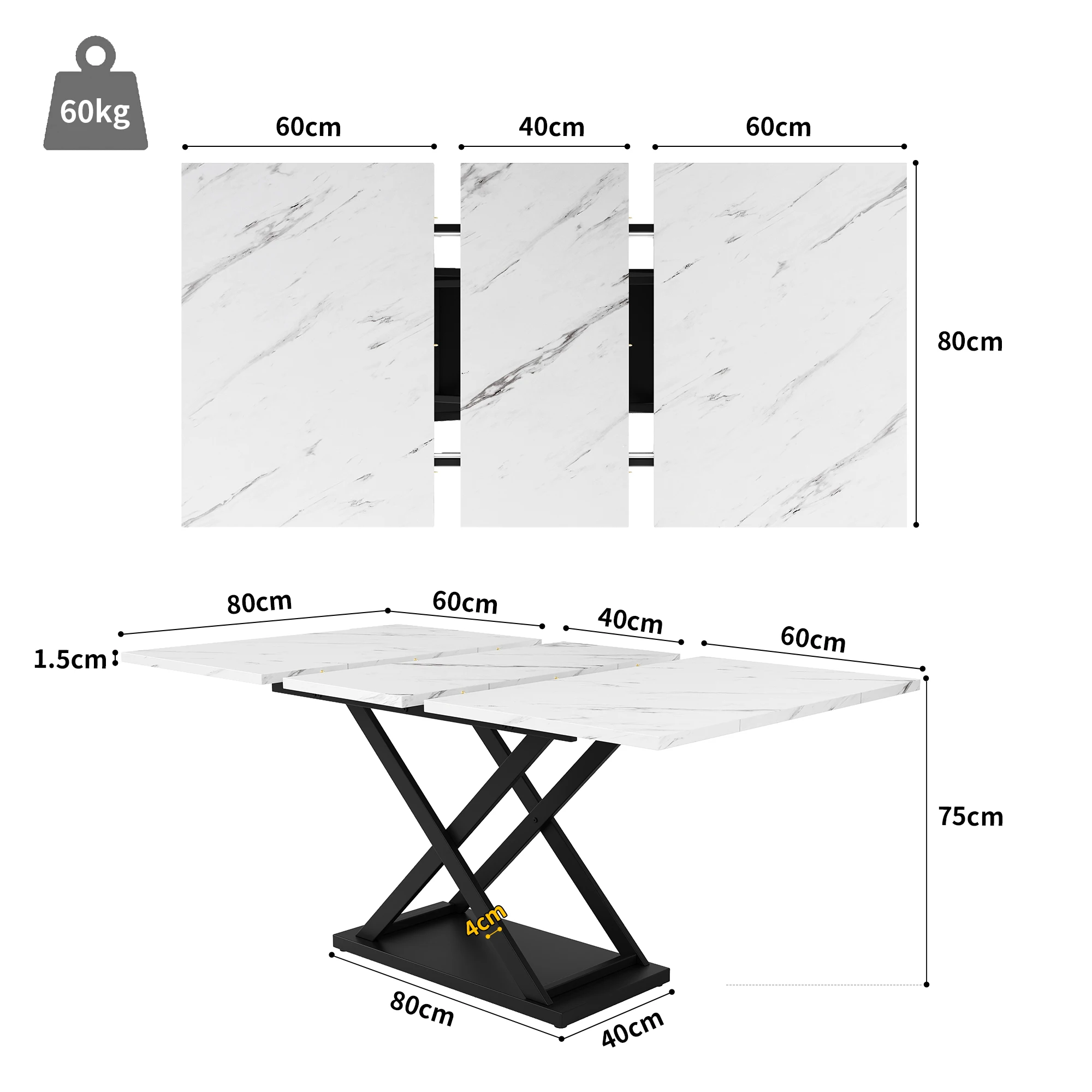 Telescopische eettafel, 140/180x80x75cm, ijzeren metalen poten en vierkante buispoten (modern wit MDF tafelblad met marmerpatroon)