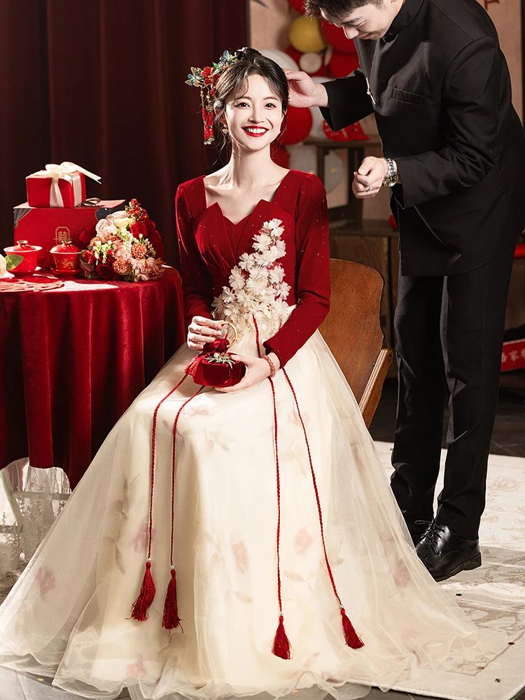 

Red Wedding Dr Ele Long Sve A-Line Skirt for Engagement Par Bridal Wear Daily Suitable Polyester Fiber Zipper Sle