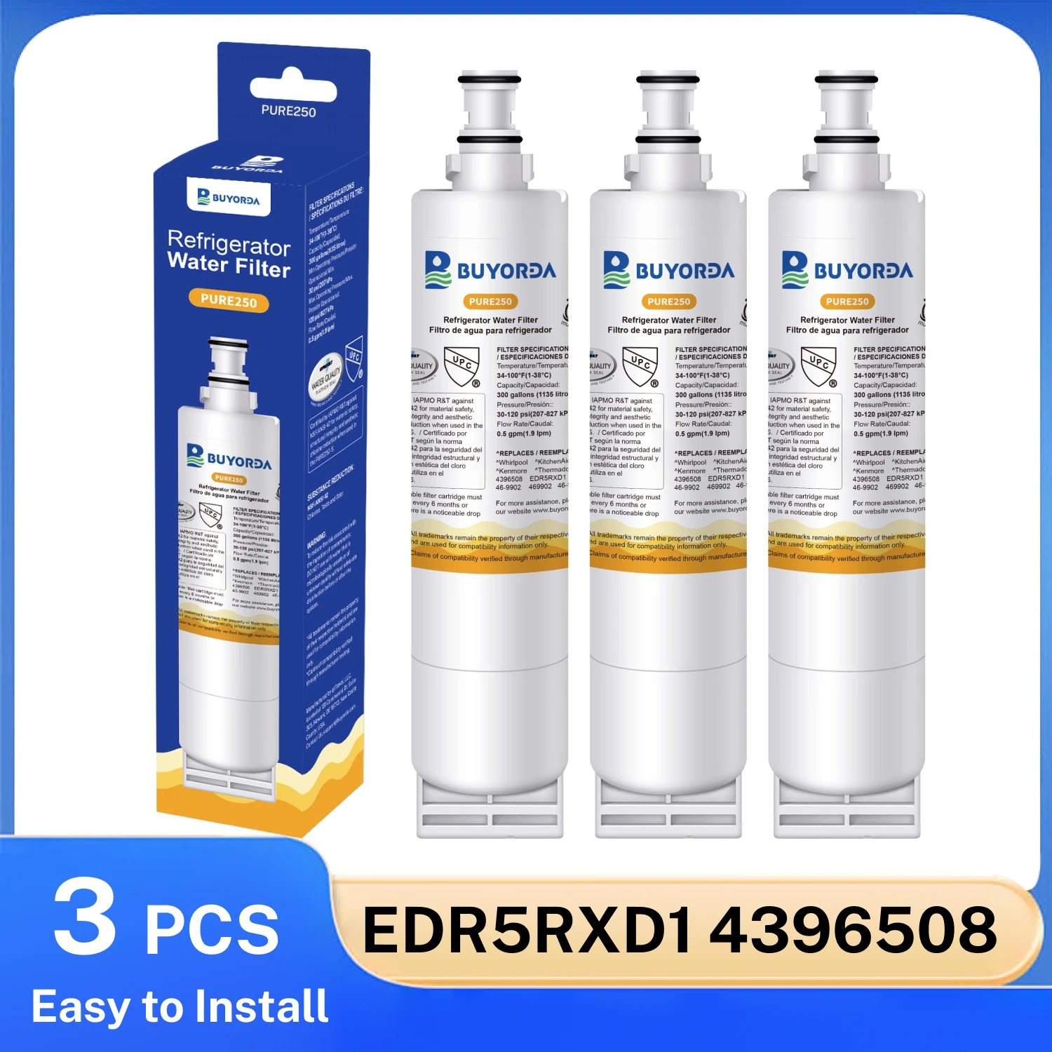 Filtro De Agua Para Refrigerador 4396508 Repuesto Compatible for Whirlpool 4396510 EDR5RXD1 for Everydrop Filter 5 PNL240V 46-9010 LC400V Purificador Alta Eficiencia Paquete 3 Piezas