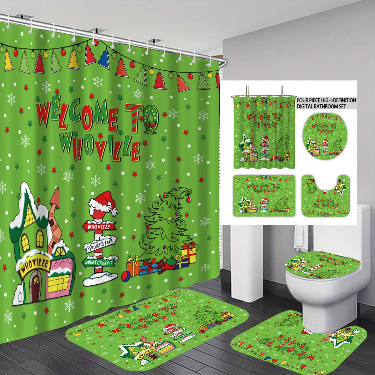 Christmas Polyester Shower Curtain, Waterproof Quick Drying, Fade Mold Resistant, Washable Bathroom Decor Curtain with 12 Hooks