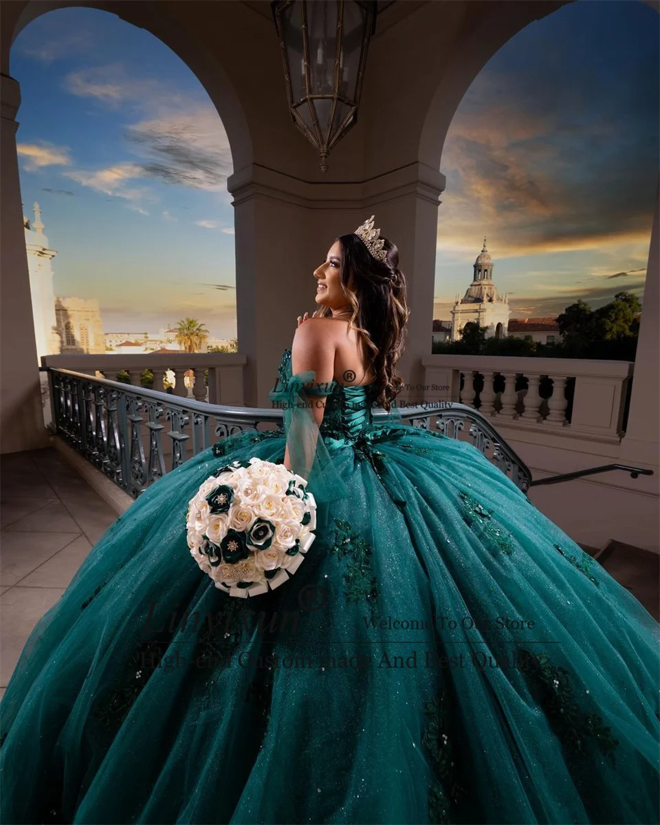 Elegance Emerald Green Quinceanera abiti Ball Gown Floral Applique Crystal Sweet 16 abiti festa di compleanno Vestidos De 15 aecos