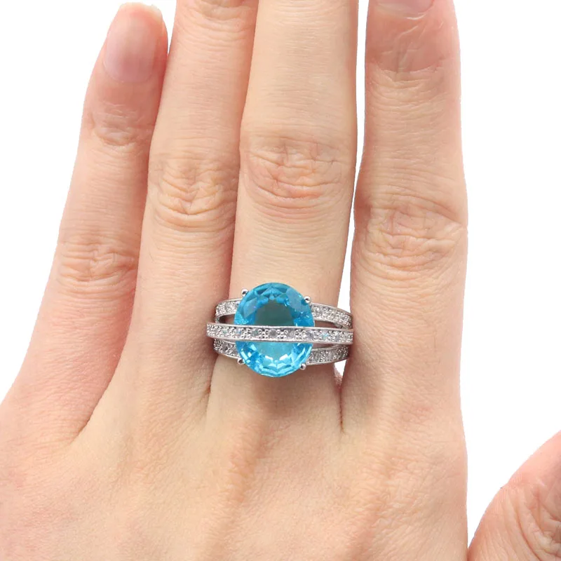 22x14mm Highly Recommend Sky Blue Topaz Tanzanite White CZ Females Wedding Silver Rings